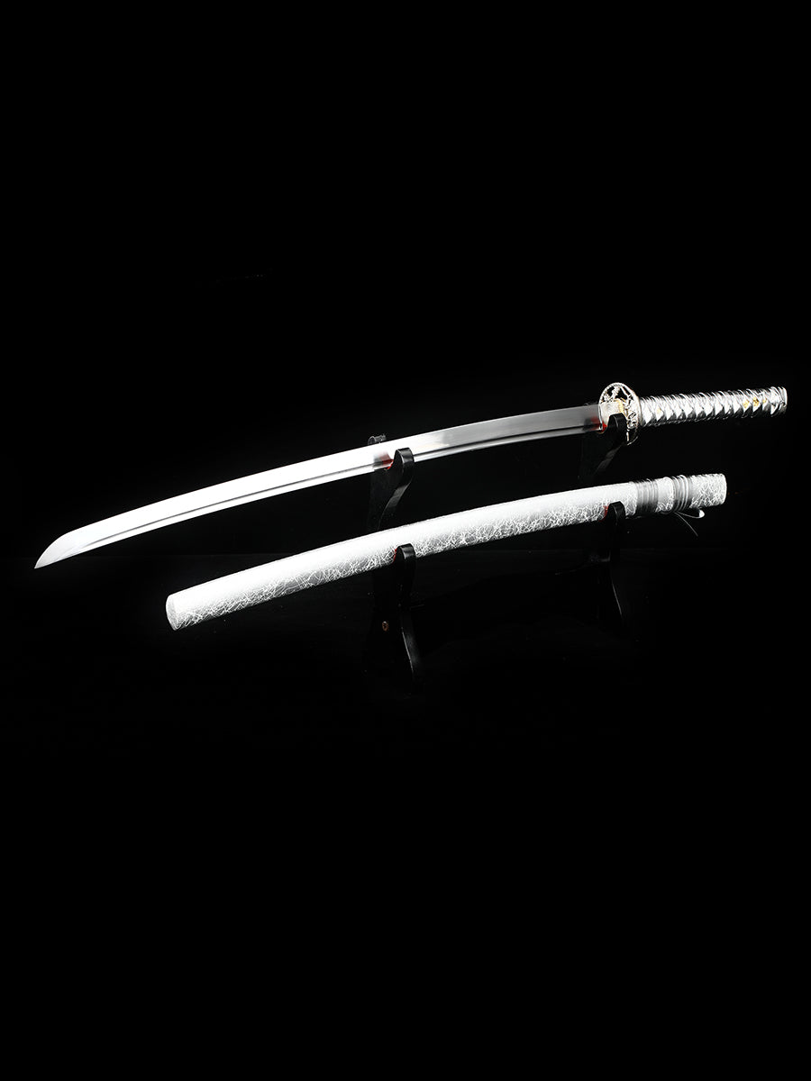 (66)Authentic Japanese samurai sword, Handmade  all Tang 1095 steel blade, Silver sheath men's exquisite gift series