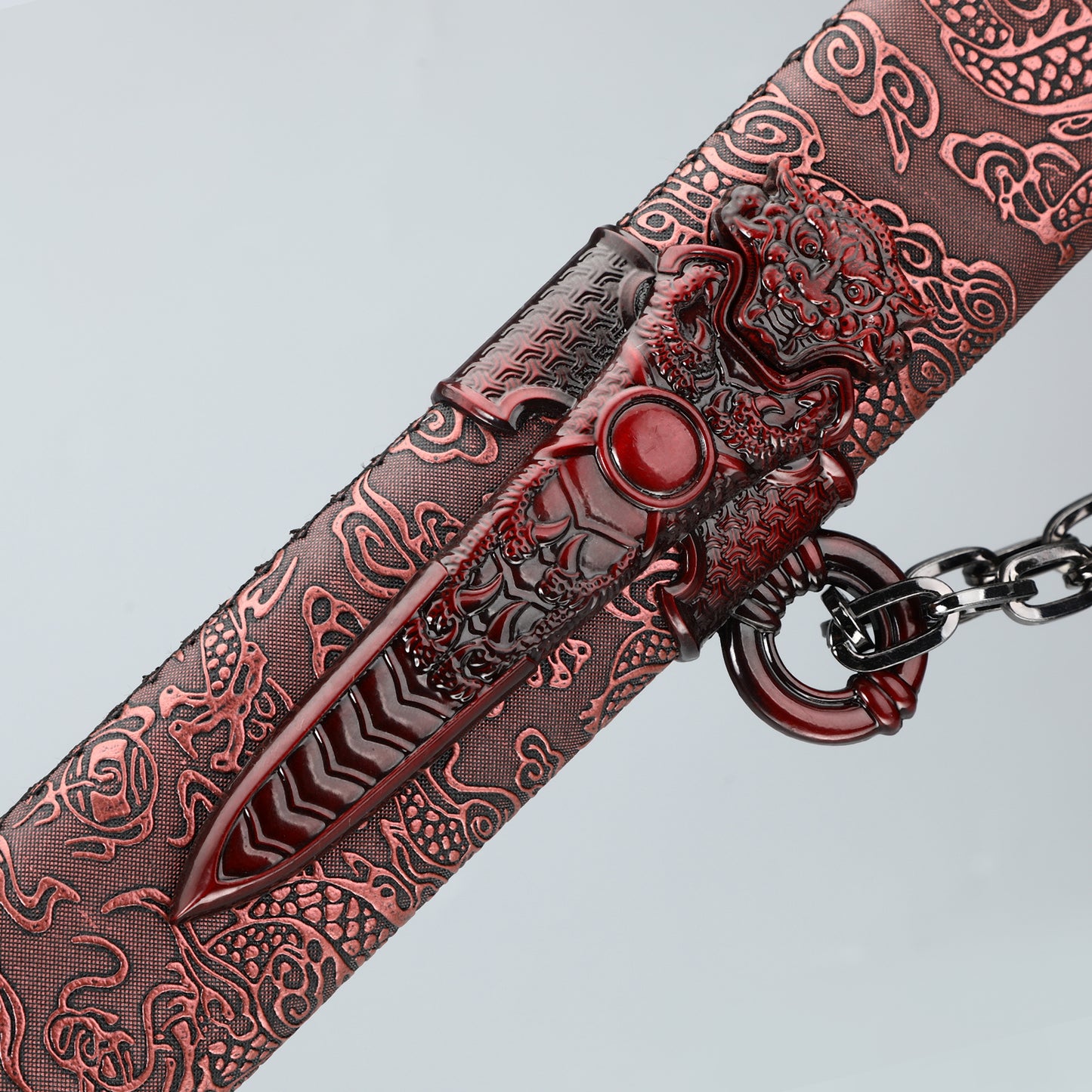 Chinese Tang knife made of 1095 steel, red gear with dragon pattern sheath