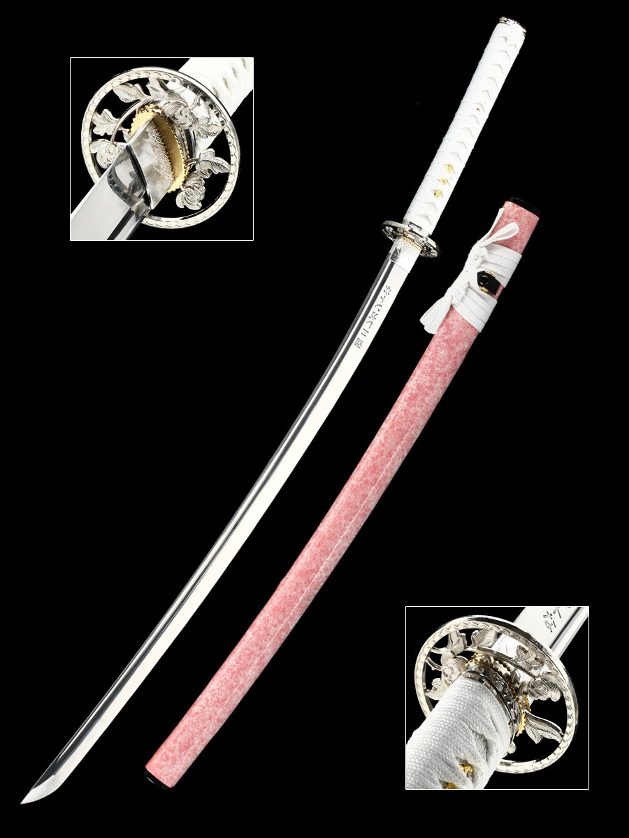 (32)Pink scabbard, white scabbard rope, manganese steel, genuine handmade samurai knife