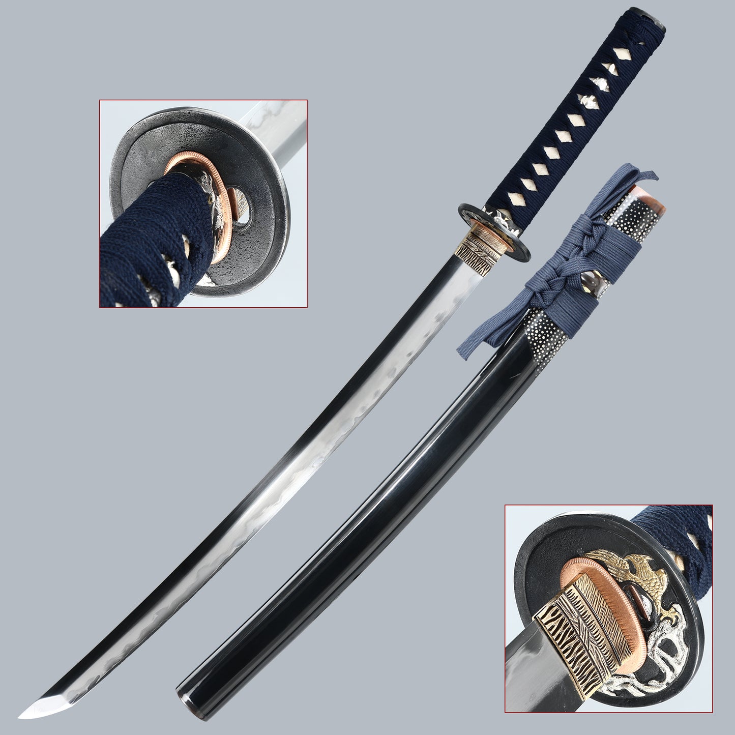 High-grade Samurai Handmade Katana Black T10 Steel Three Handcrafted Forged Fish Skin Sheath Full Tang