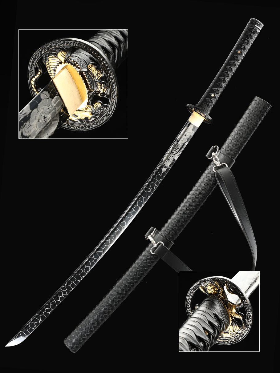 (33)Authentic Japanese Samurai Sword 1060 steel grill black with leather sheath perfect combination