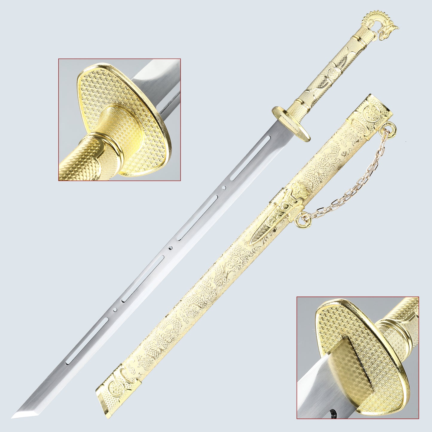 Chinese Tang knife made of 1095 steel, golden fitting with dragon pattern sheath