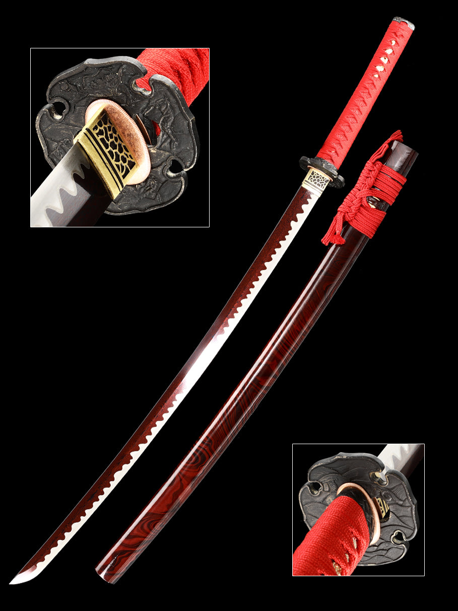 Japanese samurai sword, Damascus steel, hand forged blade, baked red, pushed and ground, wavy pattern, high-end collection(80)