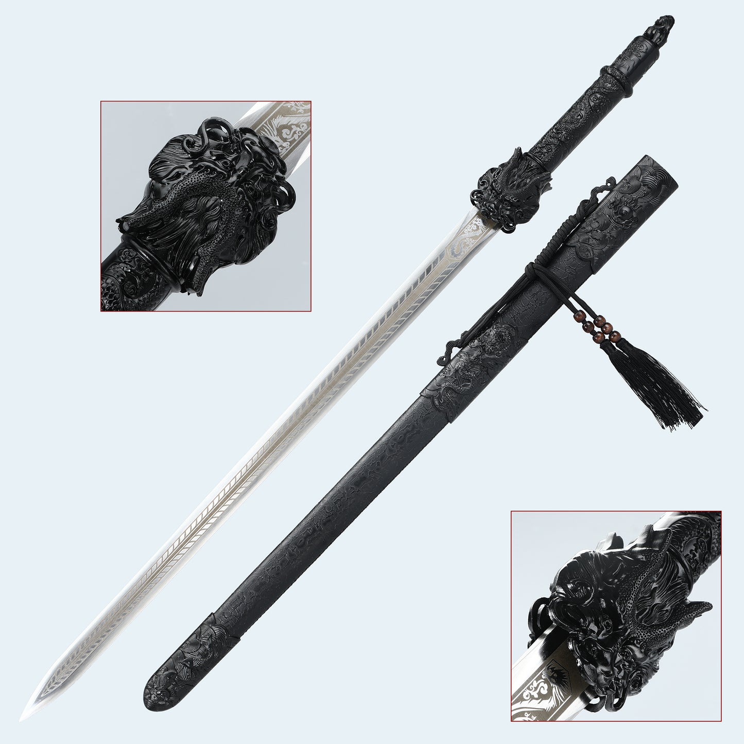 Handmade Chinese Black Dragon Theme Full Tang Han Dynasty Real Chinese Swords