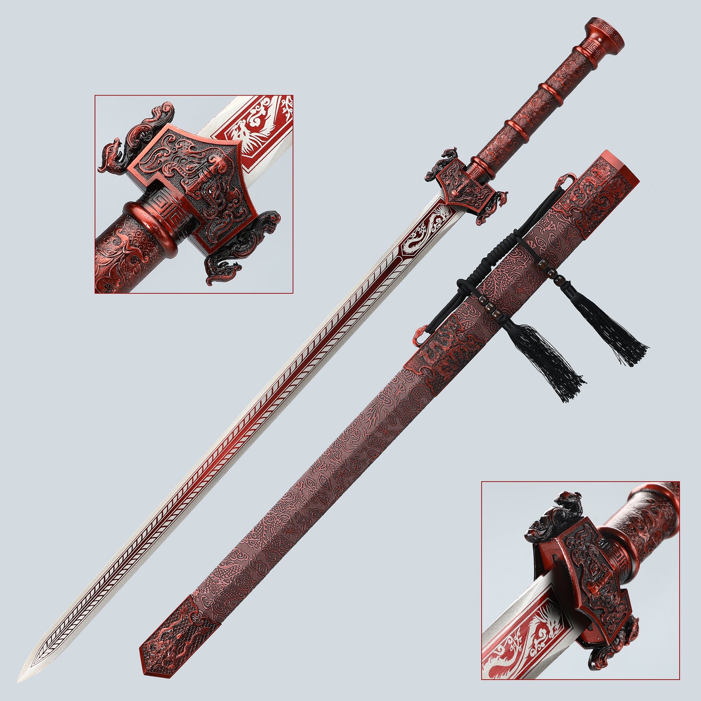 Hand forged Han Dynasty sword made of 1095 steel with a red sheath for collection and gift giving