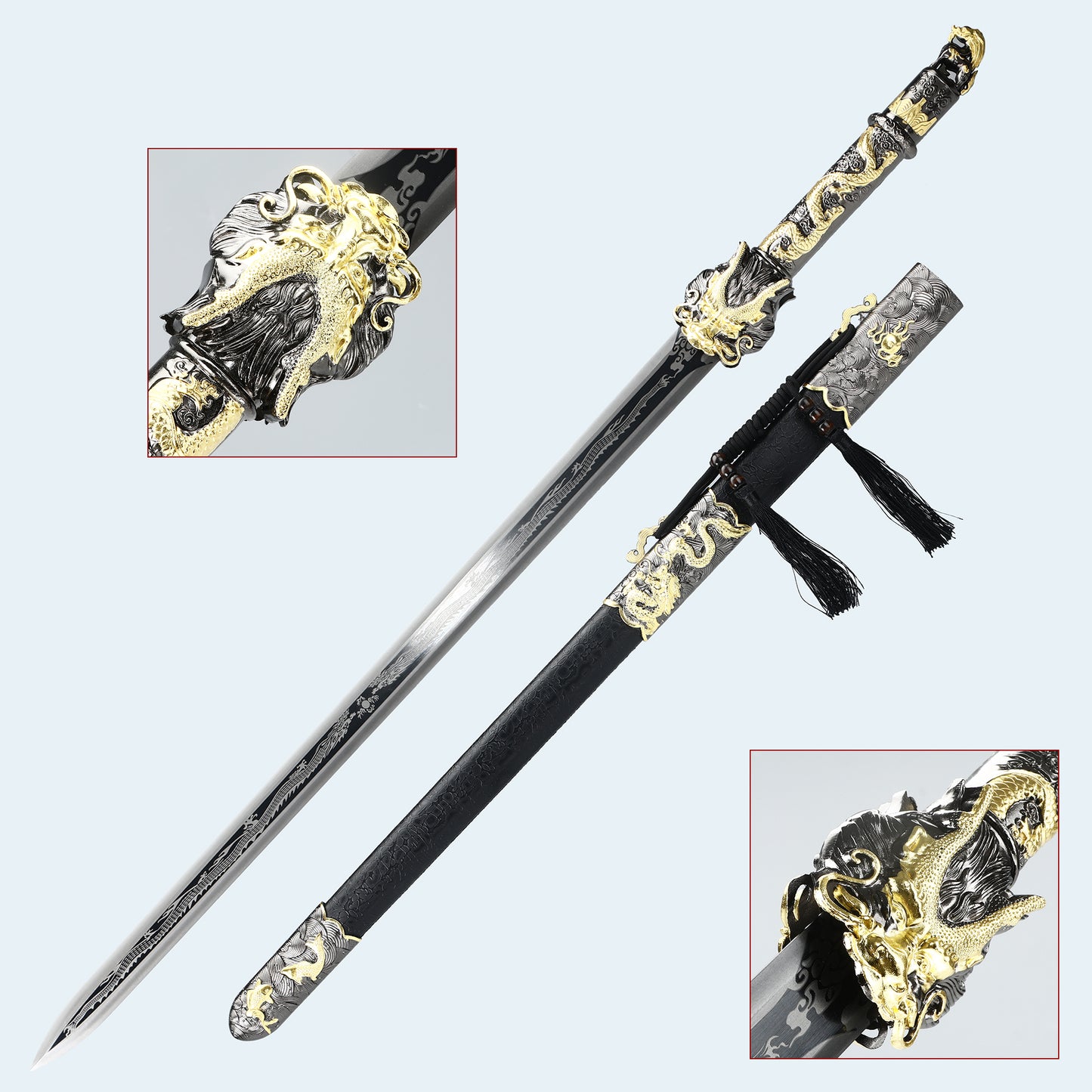 Handmade Chinese Black Dragon Theme Full Tang Han Dynasty Real Chinese Swords blunt