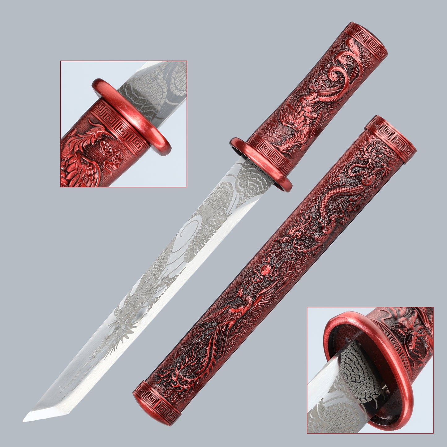 Decoration Collection Dragon and Phoenix Play Beads Short Knife Red Alloy Sheath High end Gift
