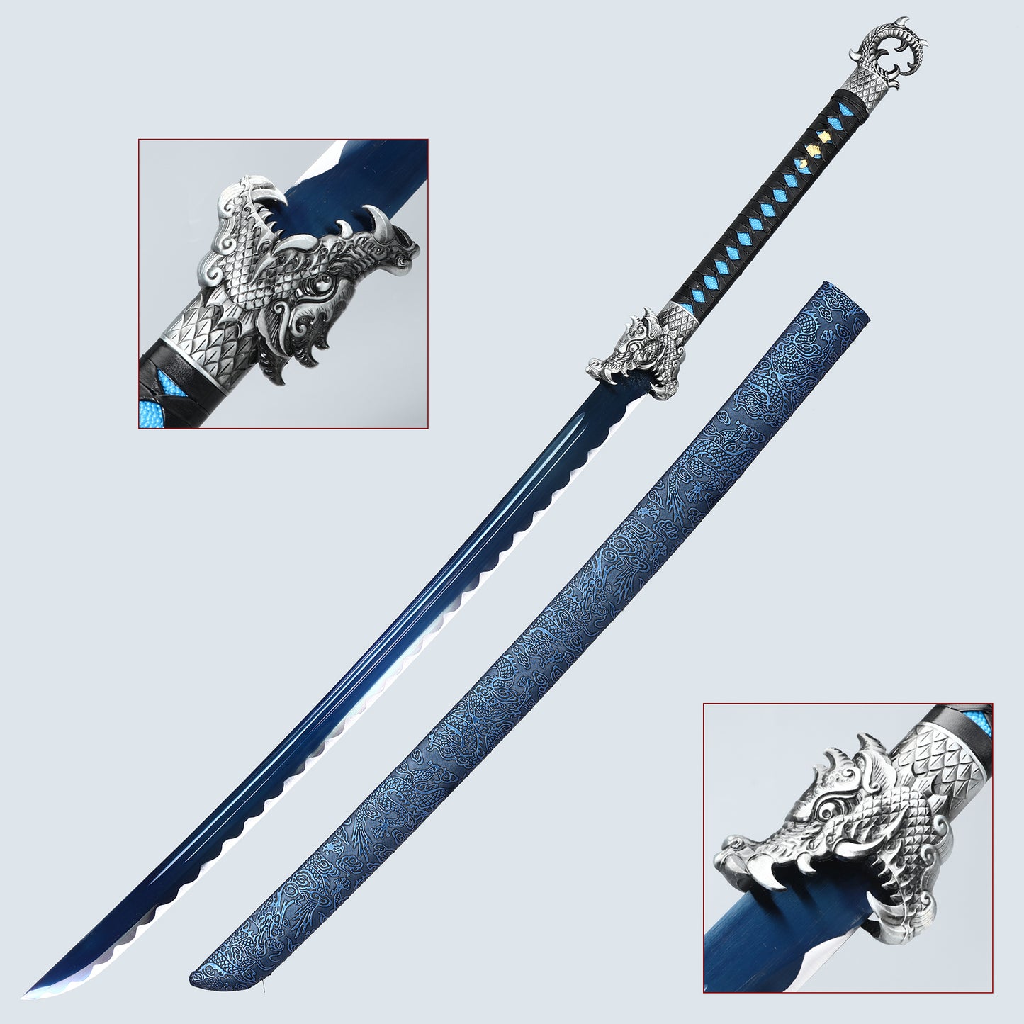 Chinese Sword Tang Dynasty Knife Carbon Steel Grilled Blue Edge Lika Dragon Pattern Sheath(TD003)