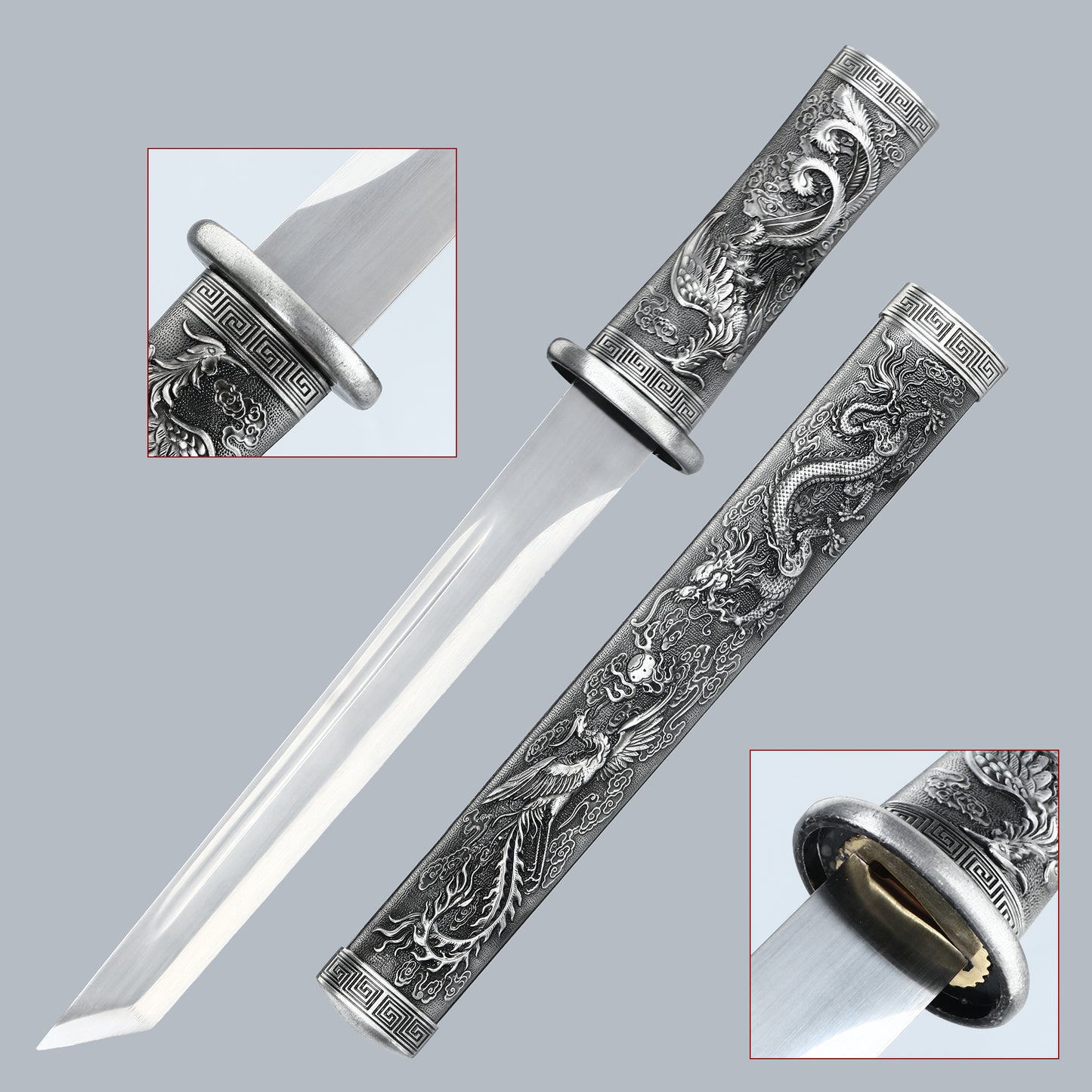 Decorative Collection Dragon Phoenix Play Pearl Short Knife Grey Alloy Sheath High end Gift