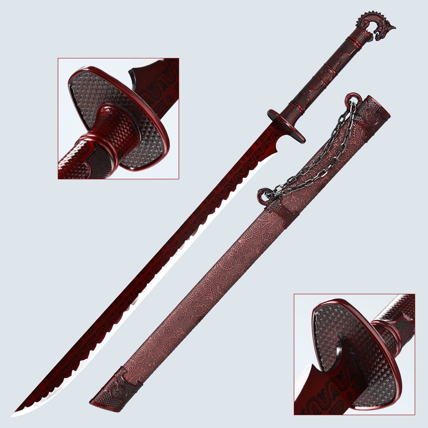 Chinese Tang knife made of 1095 steel, red gear with dragon pattern sheath