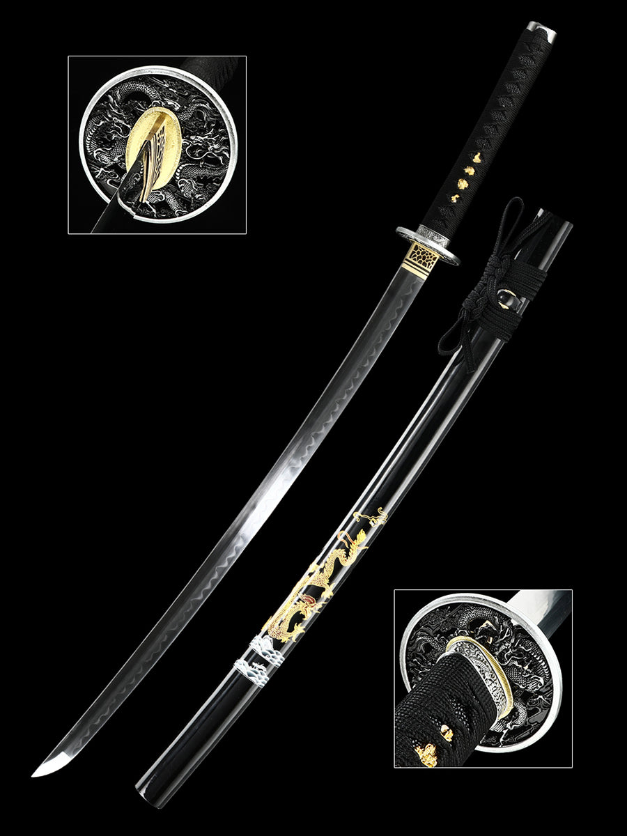 Handmade Japanese Katana Sword T10 Folded Clay Tempered Steel Real Hamon Dragon Elementals(12)