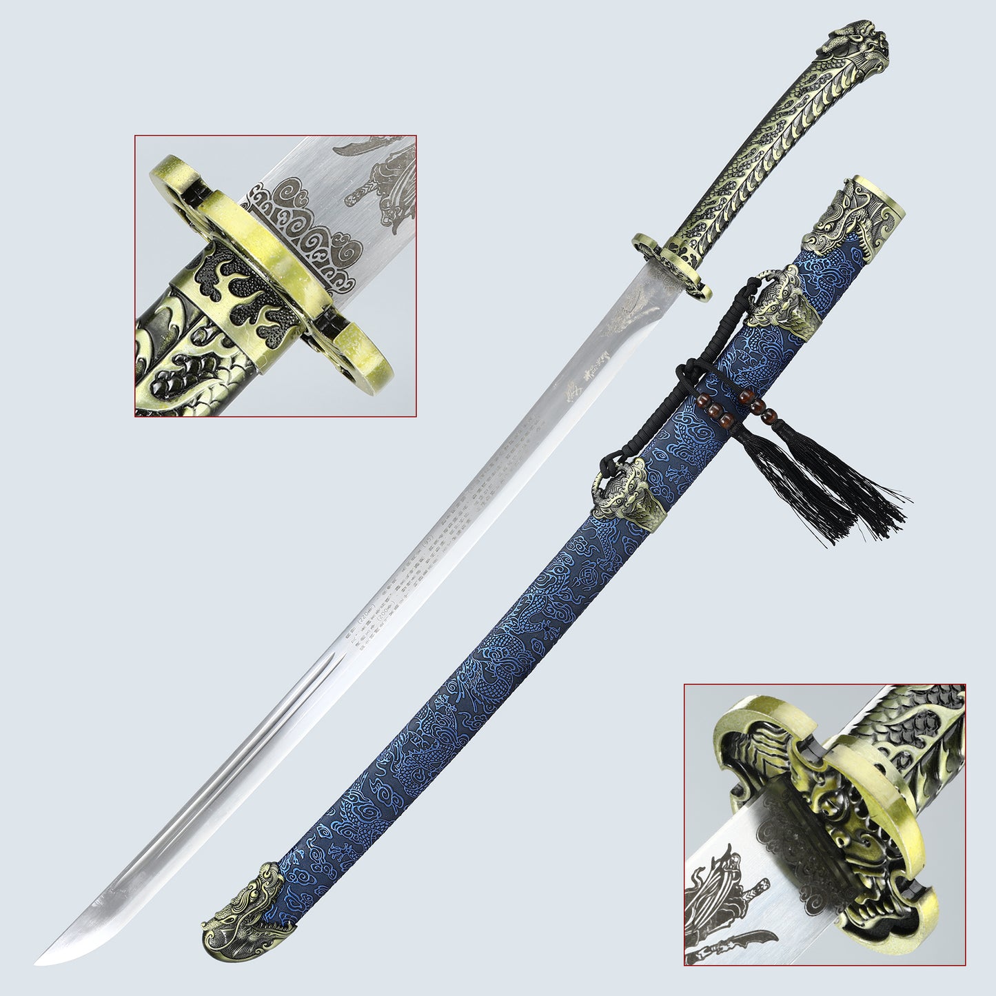 Chinese Tang Dynasty Sword Blade High Carbon Steel Blue Dragon Pattern Sheath