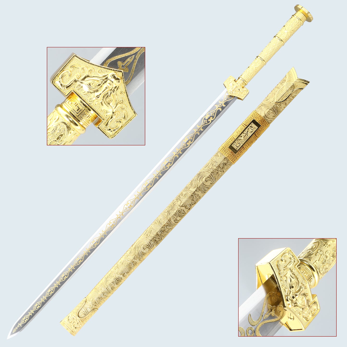 Chinese handmade straight double-edged sword 1095 high manganese steel gold sheath