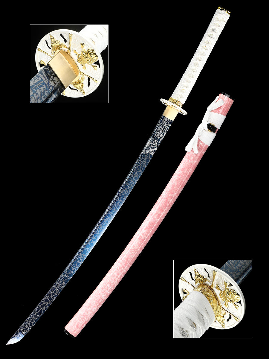 (32) Handmade authentic Japanese Samurai Sword 1060 steel baked blue with pink Saya