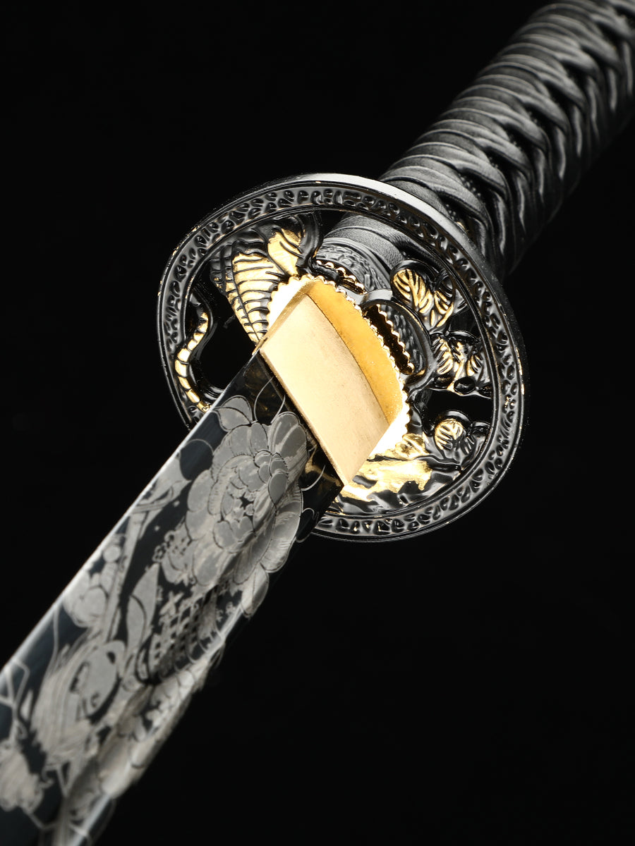 (33)Authentic Japanese Samurai Sword 1060 steel grill black with leather sheath perfect combination