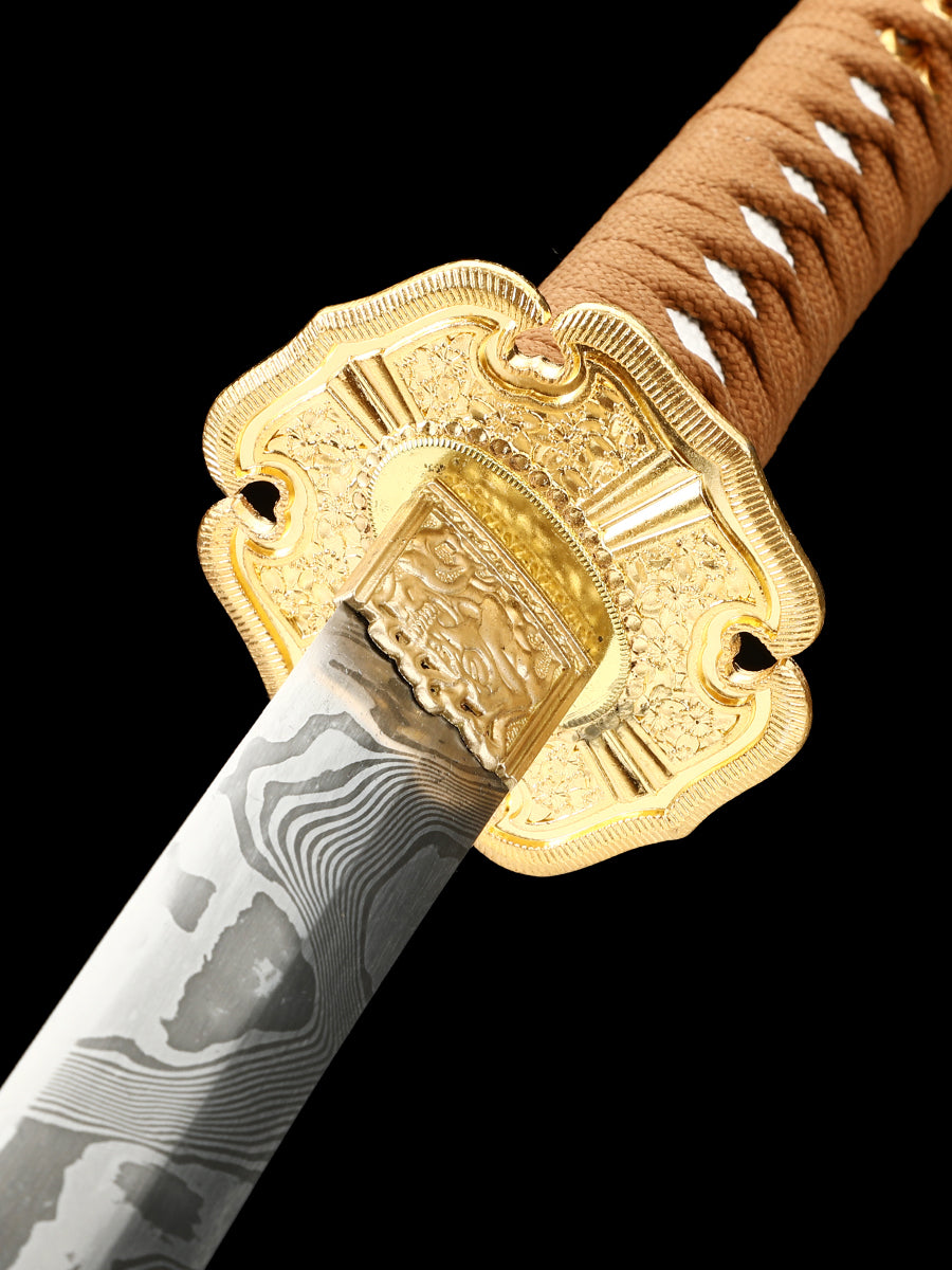 Japanese handmade Damascus steel samurai sword with yellow scabbard decoration collection