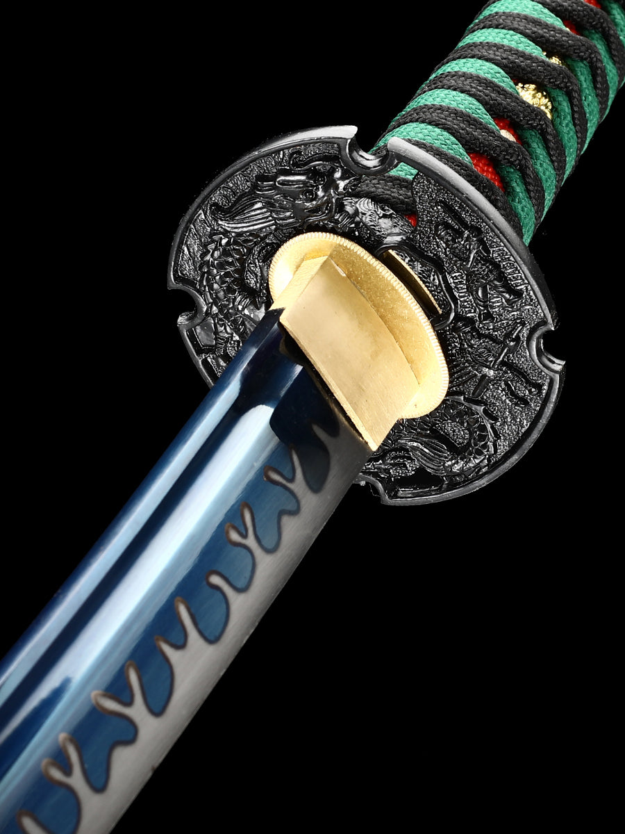 Katana Sword Mud Tempered Manganese Steel True Hamon Handmade Warrior Blade Sharp Handle Rope Green(13)