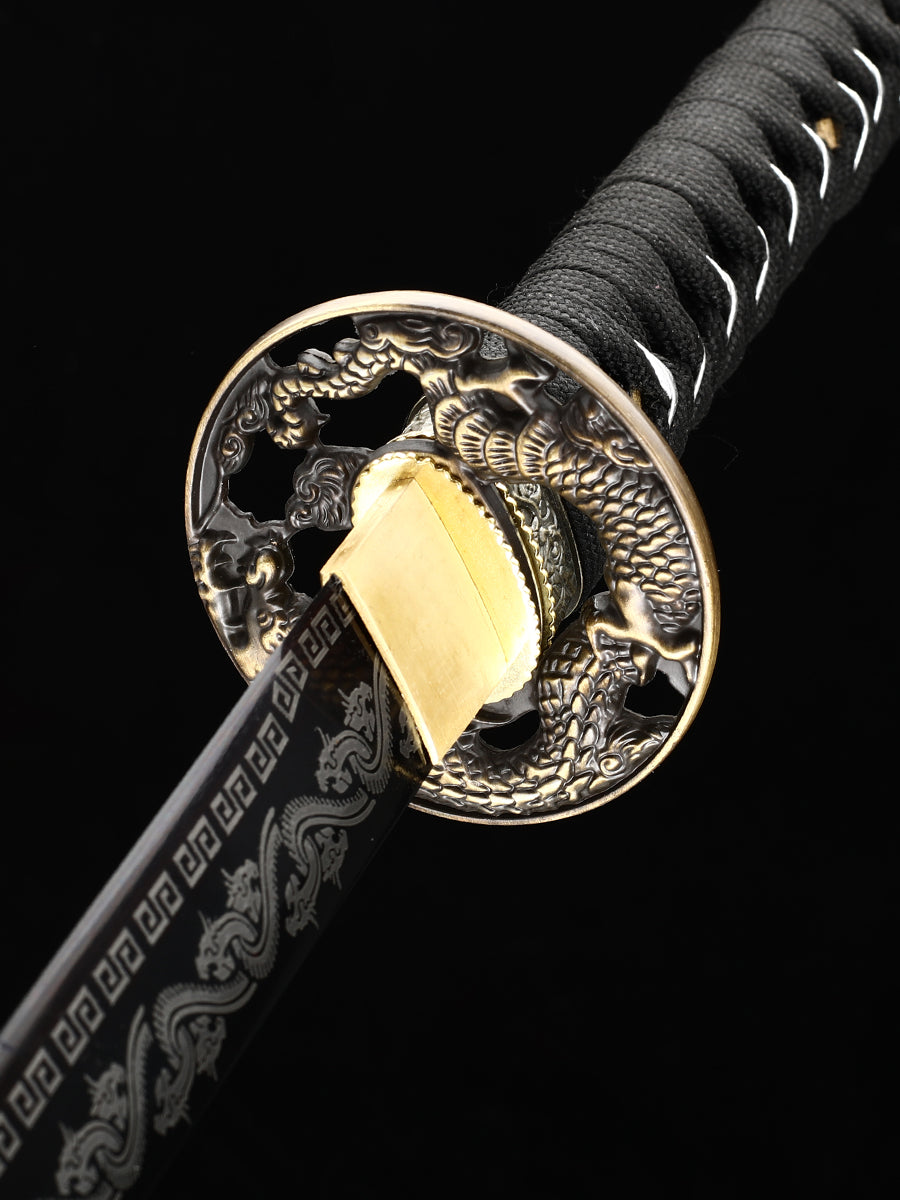 (57)Decorate authentic Japanese samurai swords, handmade 1095 steel blade roasted black grass dragon pattern dragon sword from the Tang Dynasty, collected by Tan Boutique