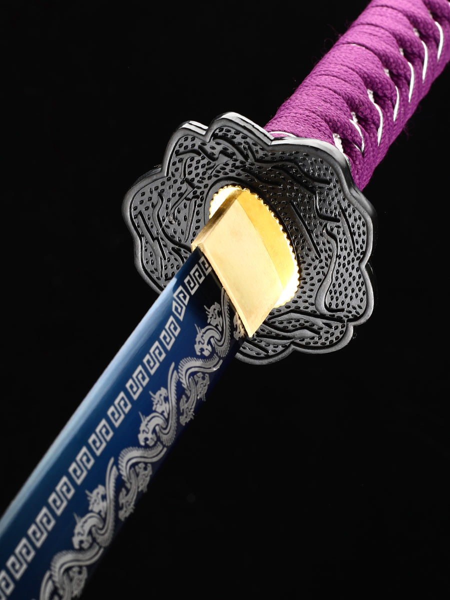 (58)Handmade authentic1060 steel baked blue with purple sheath Japanese Samurai Sword