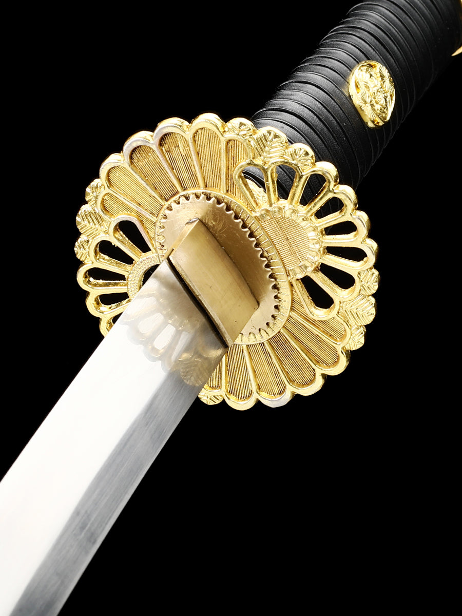 (43)Japanese Tachi Odachi Sword High Manganese Steel With Golden Tsuba And Black Scabbard