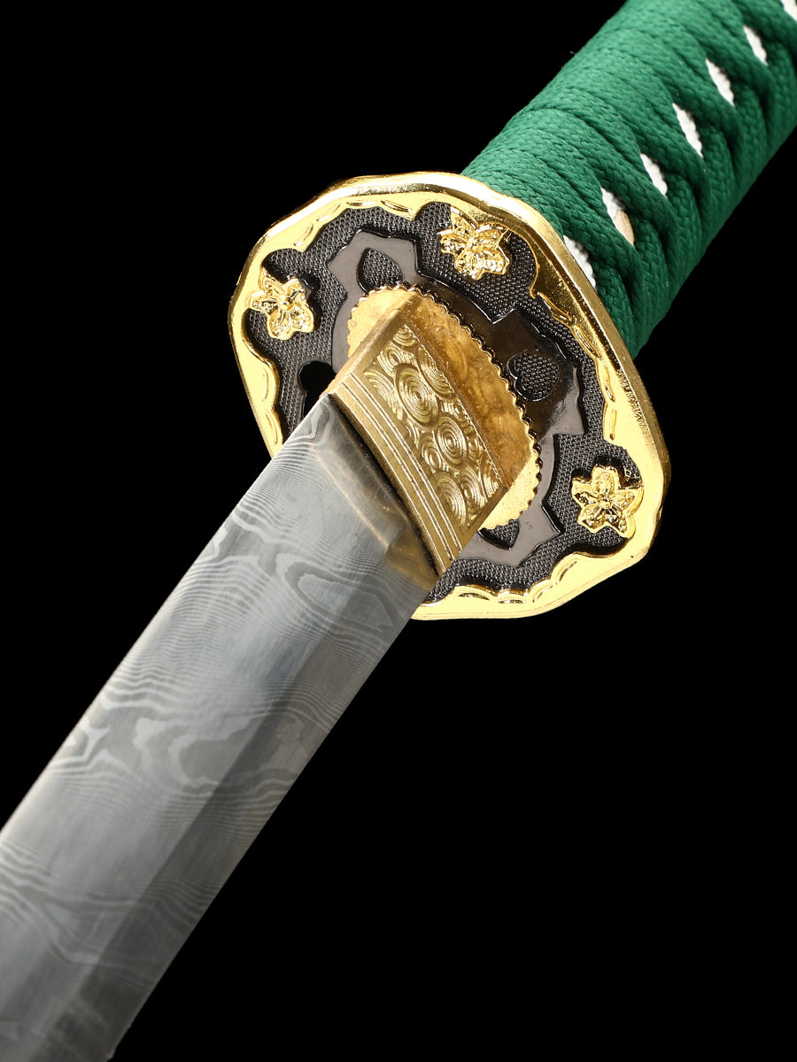 Handmade Damascus Steel Samurai Sword with Green Sheath Decoration Collection