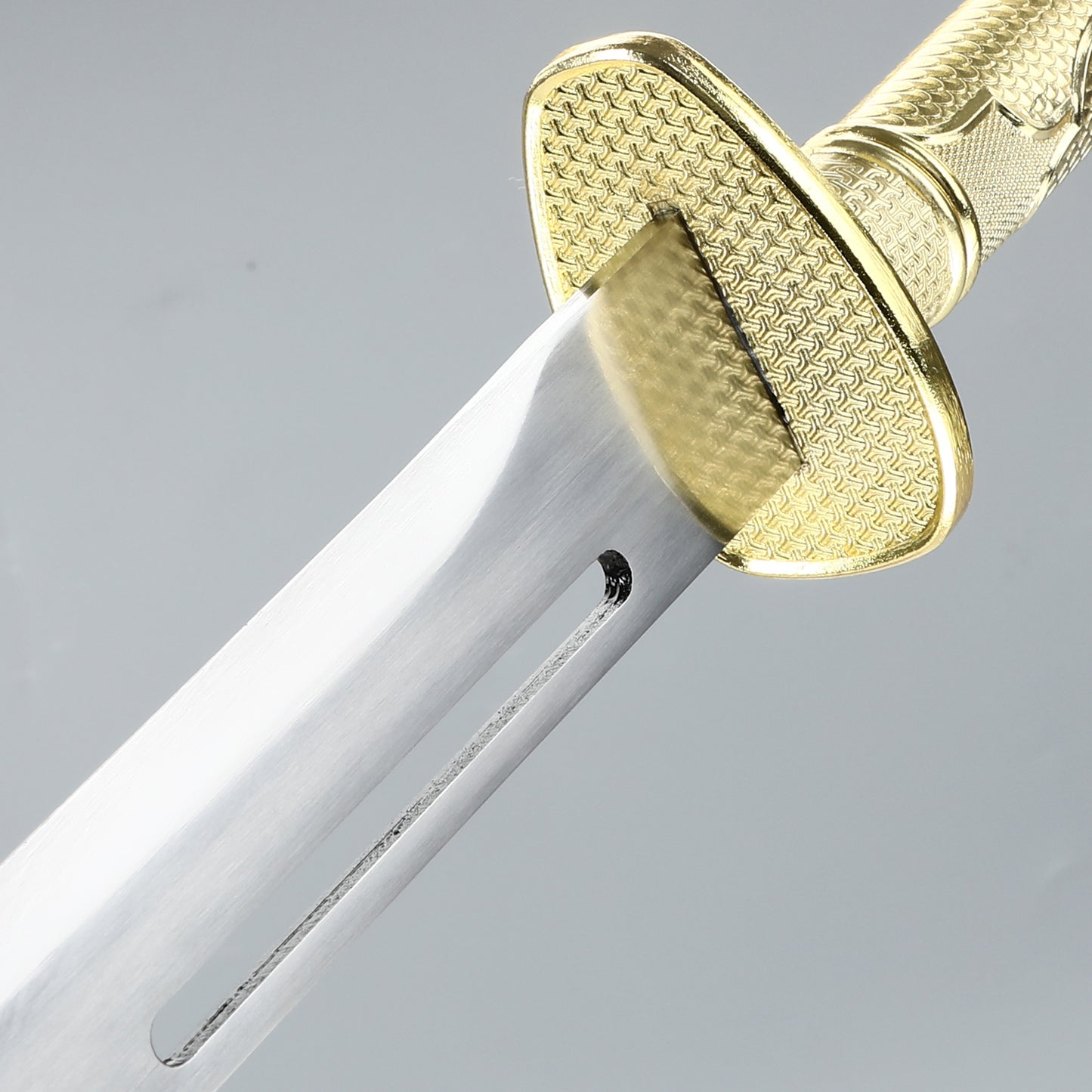 Chinese Tang knife made of 1095 steel, golden fitting with dragon pattern sheath