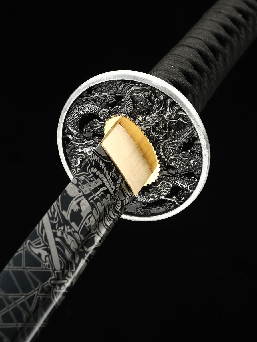 (36)Handmade authentic Japanese Samurai sword 1060 steel baked black