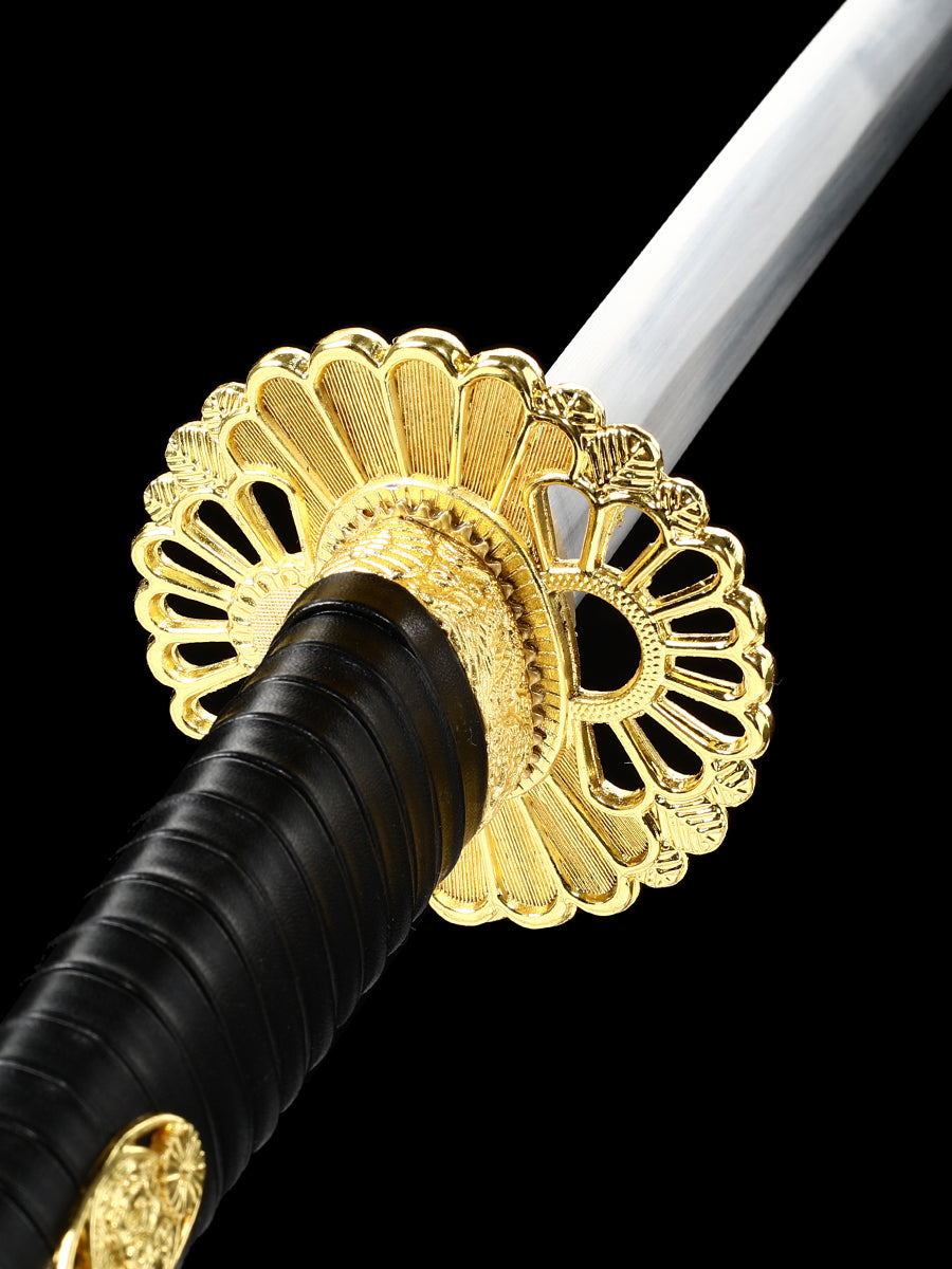 (43)Japanese Tachi Odachi Sword High Manganese Steel With Golden Tsuba And Black Scabbard