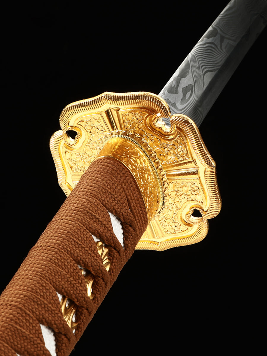 Japanese handmade Damascus steel samurai sword with yellow scabbard decoration collection