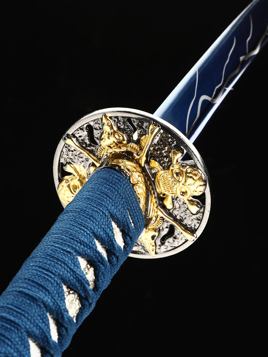 (63)Handmade authentic Japanese Samurai Sword 1060 steel grilled blue with blue sheath dreamlike style
