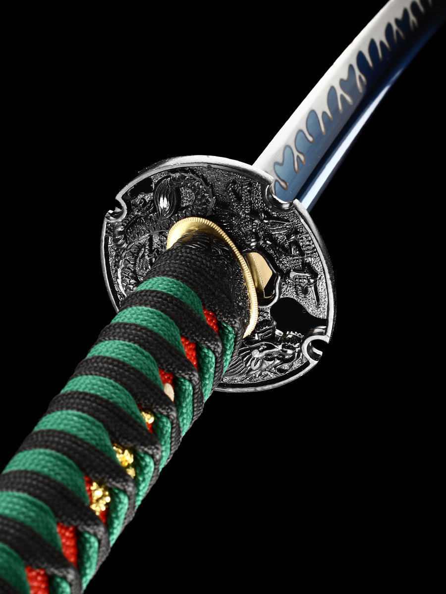 Katana Sword Mud Tempered Manganese Steel True Hamon Handmade Warrior Blade Sharp Handle Rope Green(13)