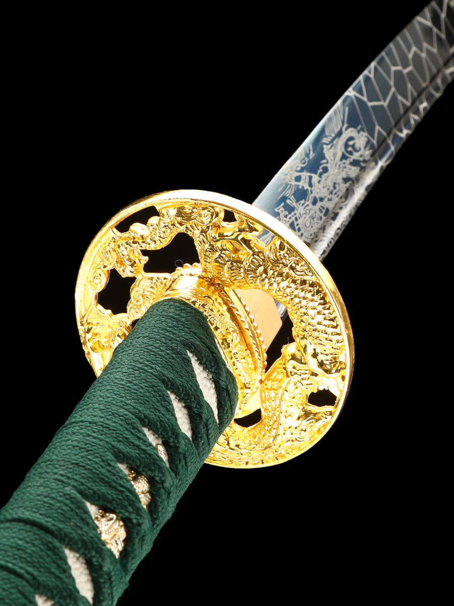 Handmade authentic Japanese Samurai Sword 1060 steel baked blue with green Saya(40)