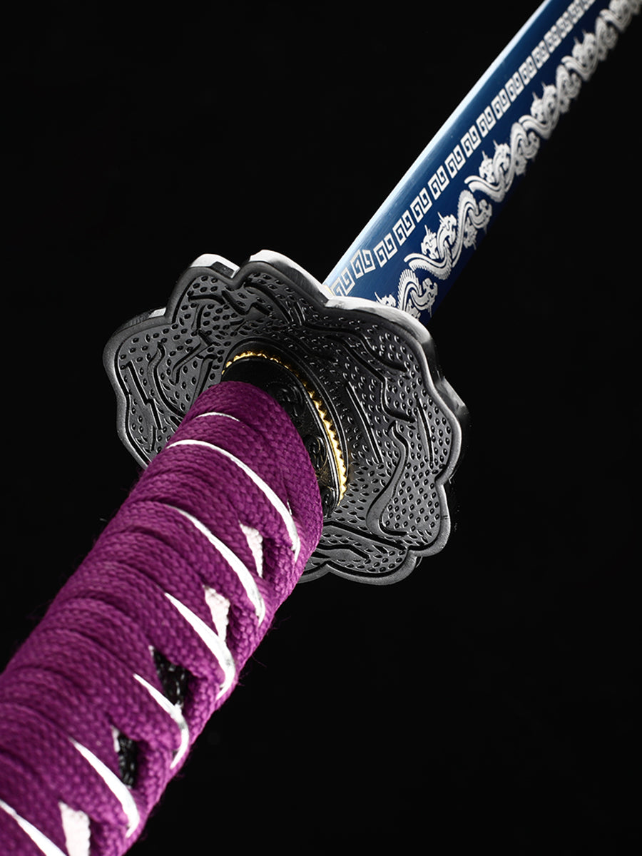 (58)Handmade authentic1060 steel baked blue with purple sheath Japanese Samurai Sword