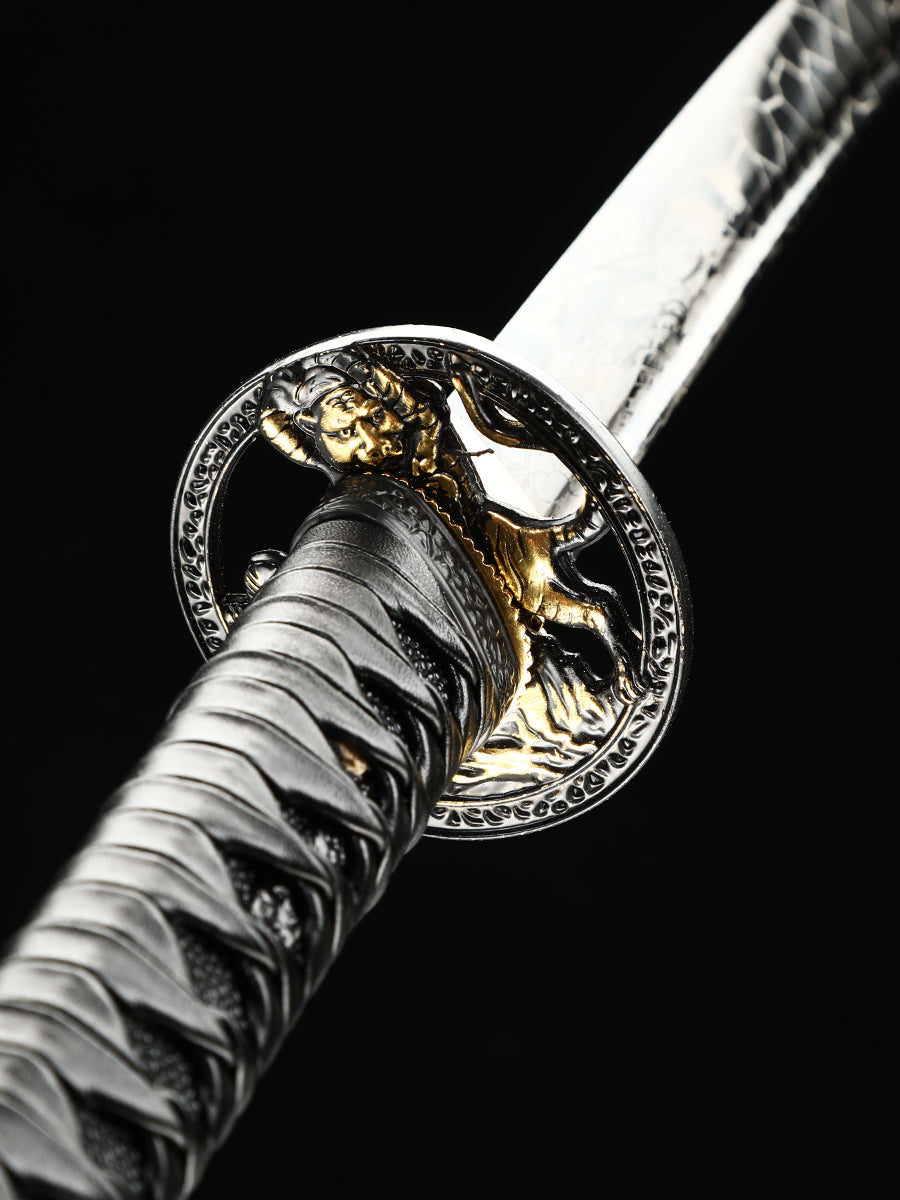 (33)Authentic Japanese Samurai Sword 1060 steel grill black with leather sheath perfect combination
