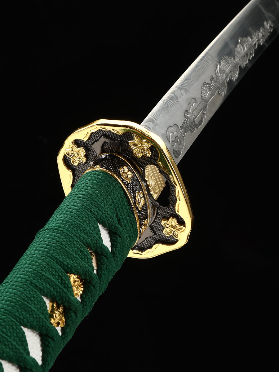 Handmade Damascus Steel Samurai Sword with Green Sheath Decoration Collection