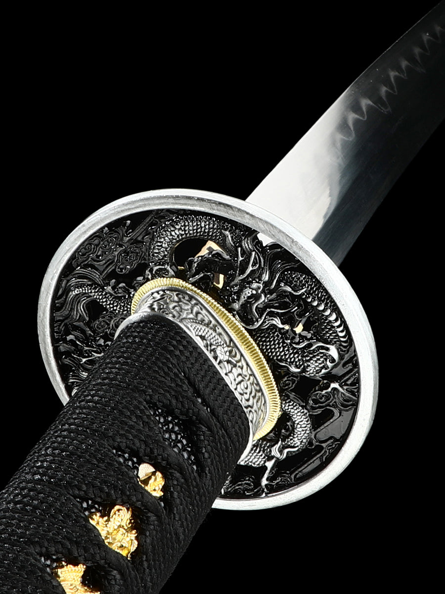 Handmade Japanese Katana Sword T10 Folded Clay Tempered Steel Real Hamon Dragon Elementals(12)