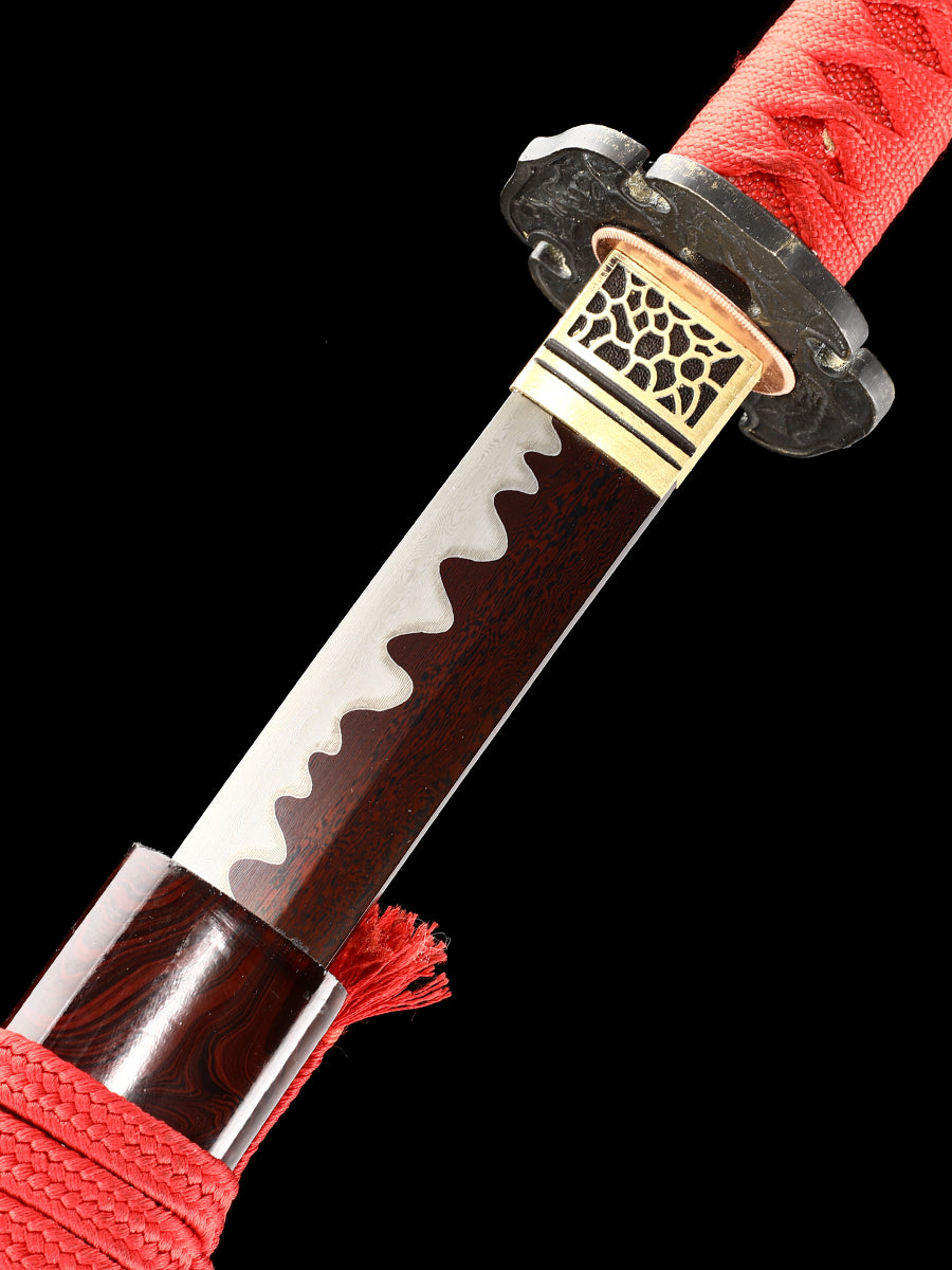 Japanese samurai sword, Damascus steel, hand forged blade, baked red, pushed and ground, wavy pattern, high-end collection(80)