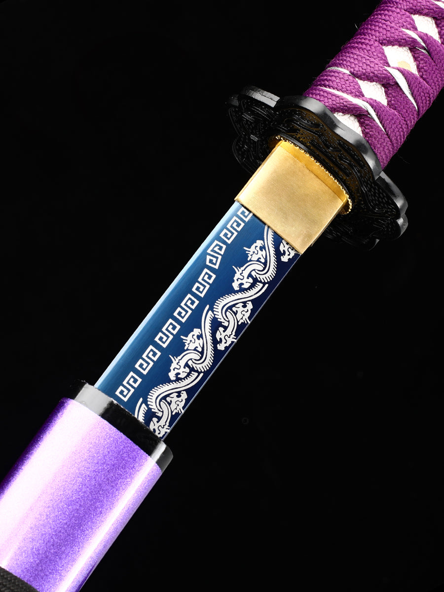 (58)Handmade authentic1060 steel baked blue with purple sheath Japanese Samurai Sword