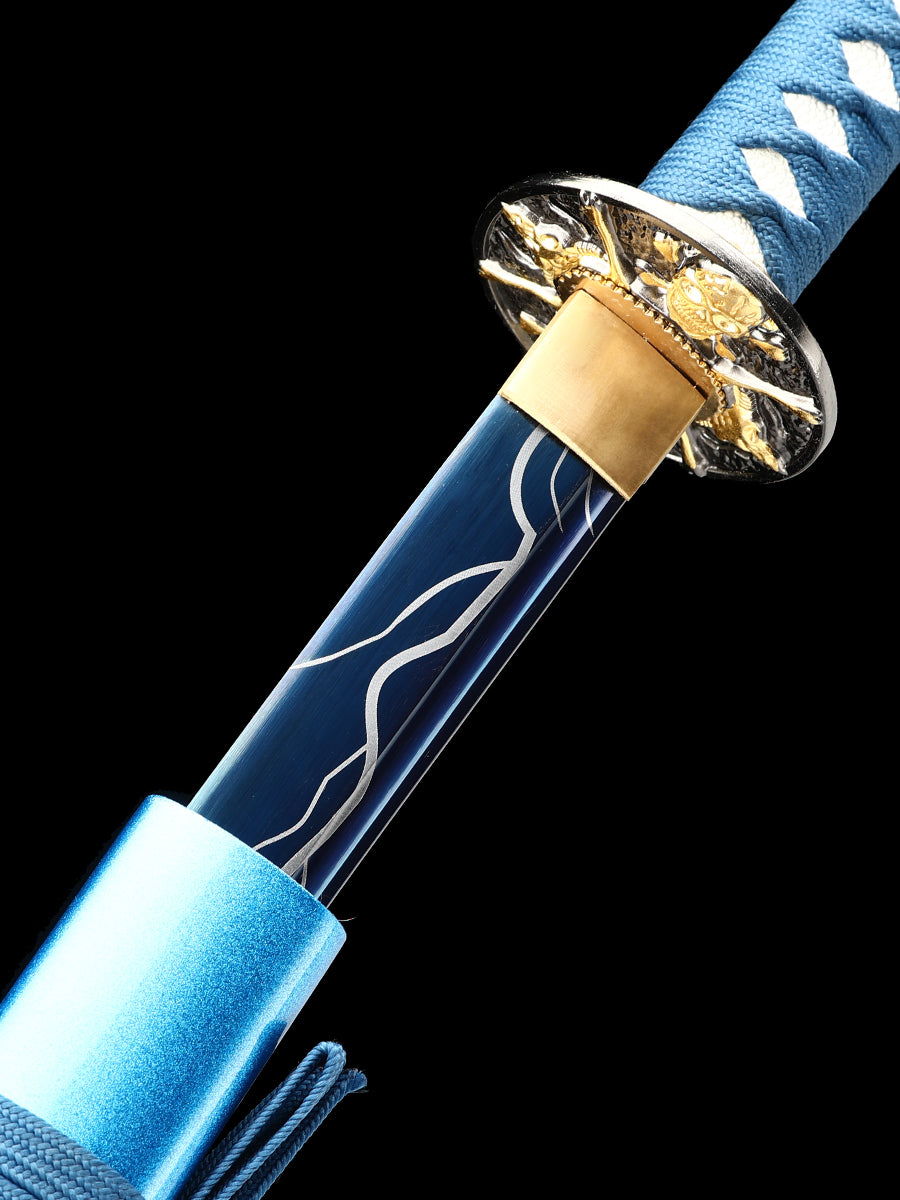 (63)Handmade authentic Japanese Samurai Sword 1060 steel grilled blue with blue sheath dreamlike style