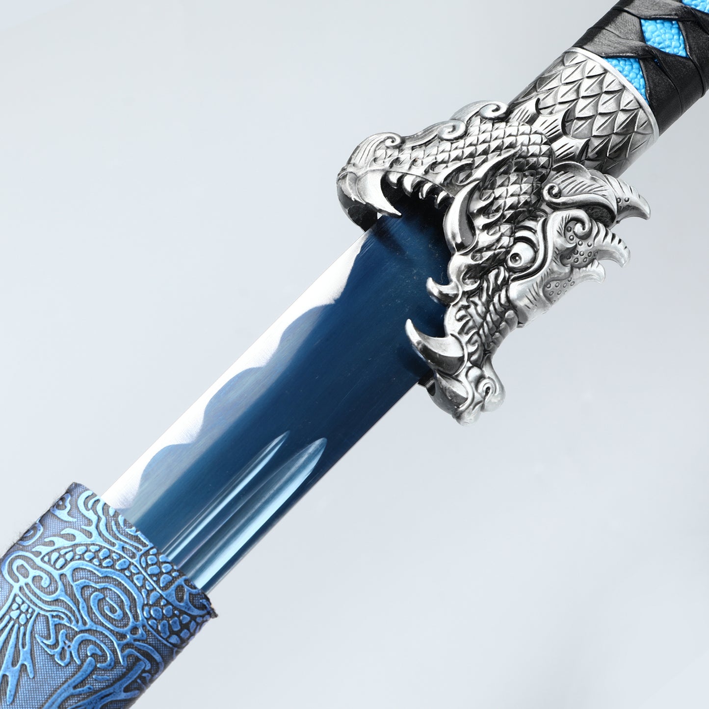 Chinese Sword Tang Dynasty Knife Carbon Steel Grilled Blue Edge Lika Dragon Pattern Sheath(TD003)