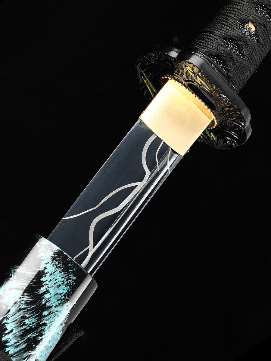 (83) Handcrafted authentic Japanese Samurai Sword 1060 steel roast black blue black sheath cool style