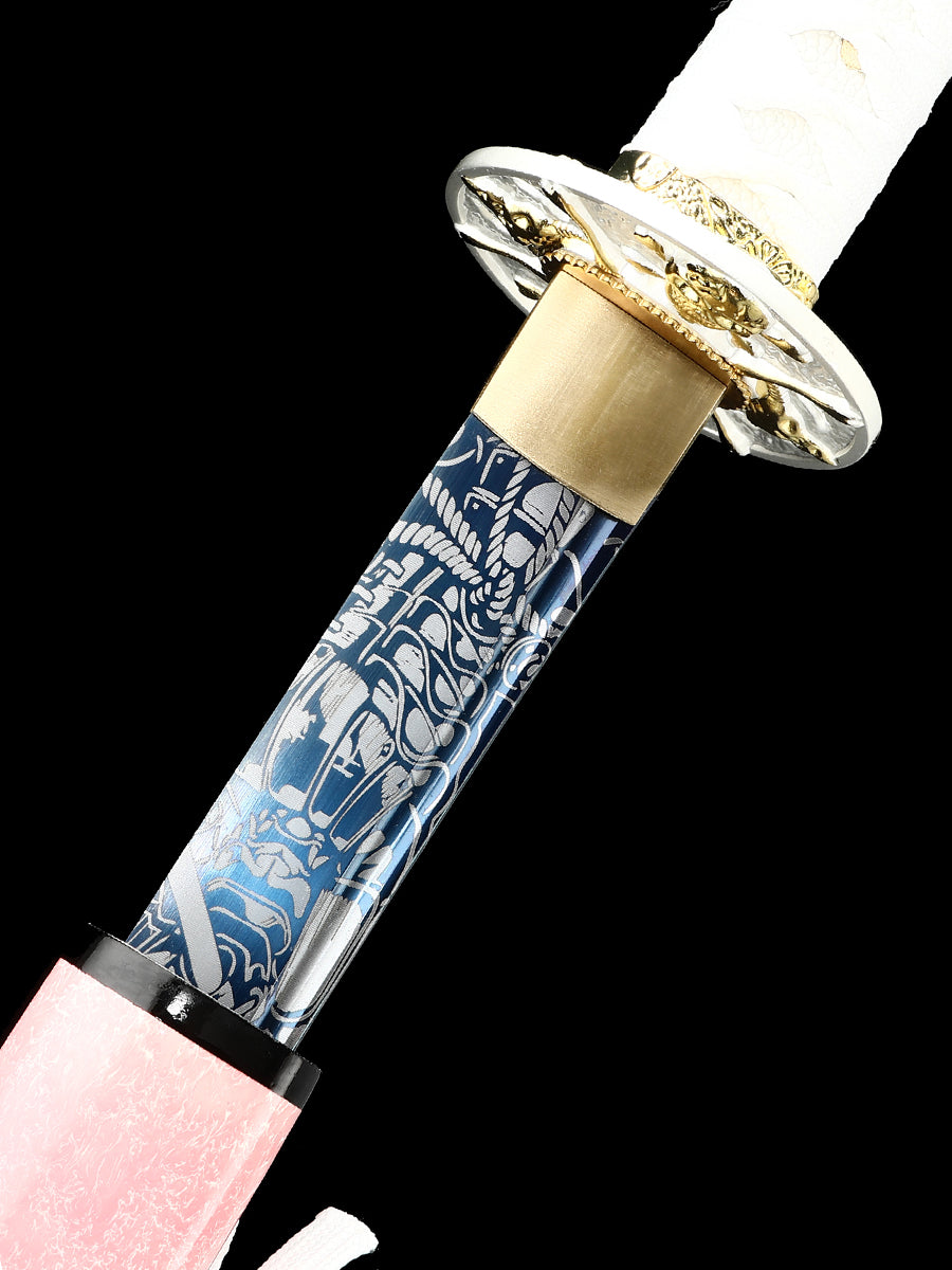 (32) Handmade authentic Japanese Samurai Sword 1060 steel baked blue with pink Saya