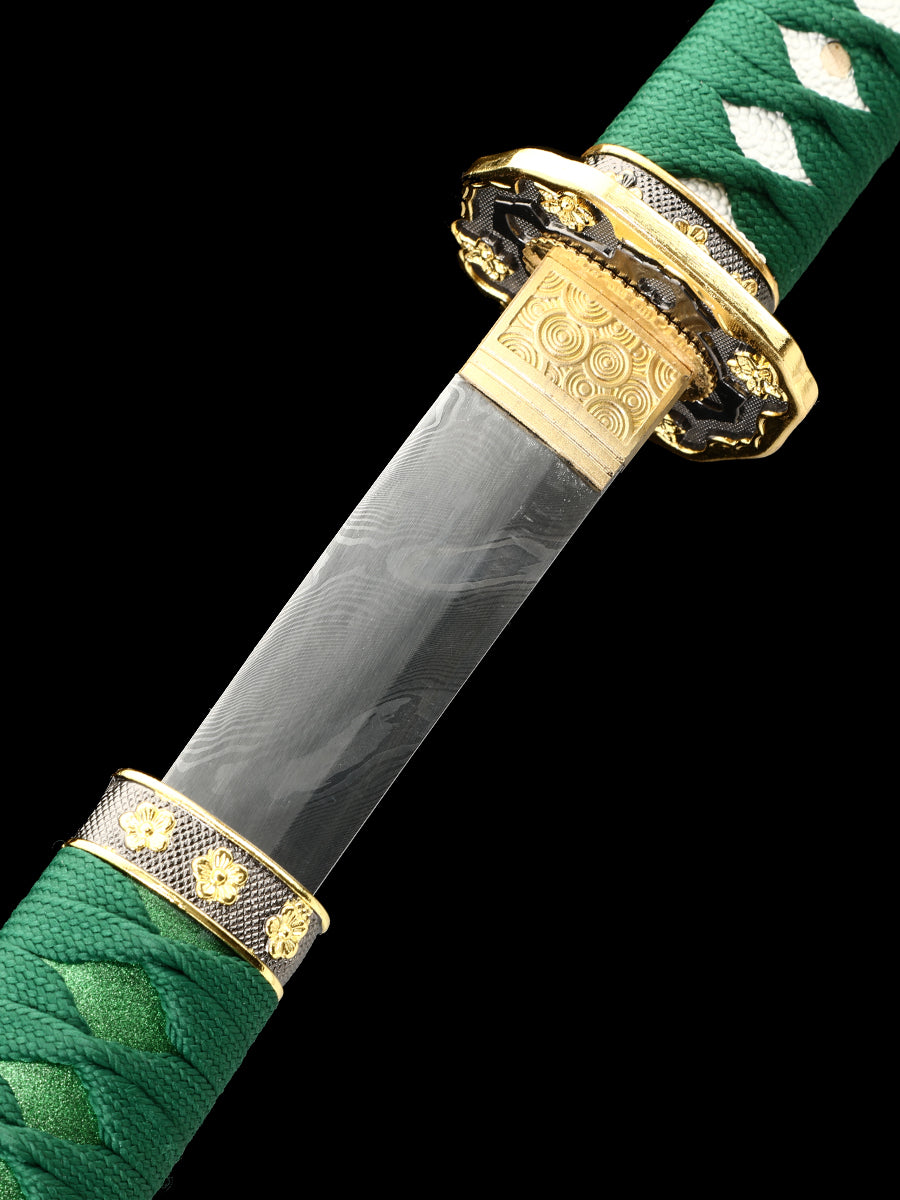 Handmade Damascus Steel Samurai Sword with Green Sheath Decoration Collection