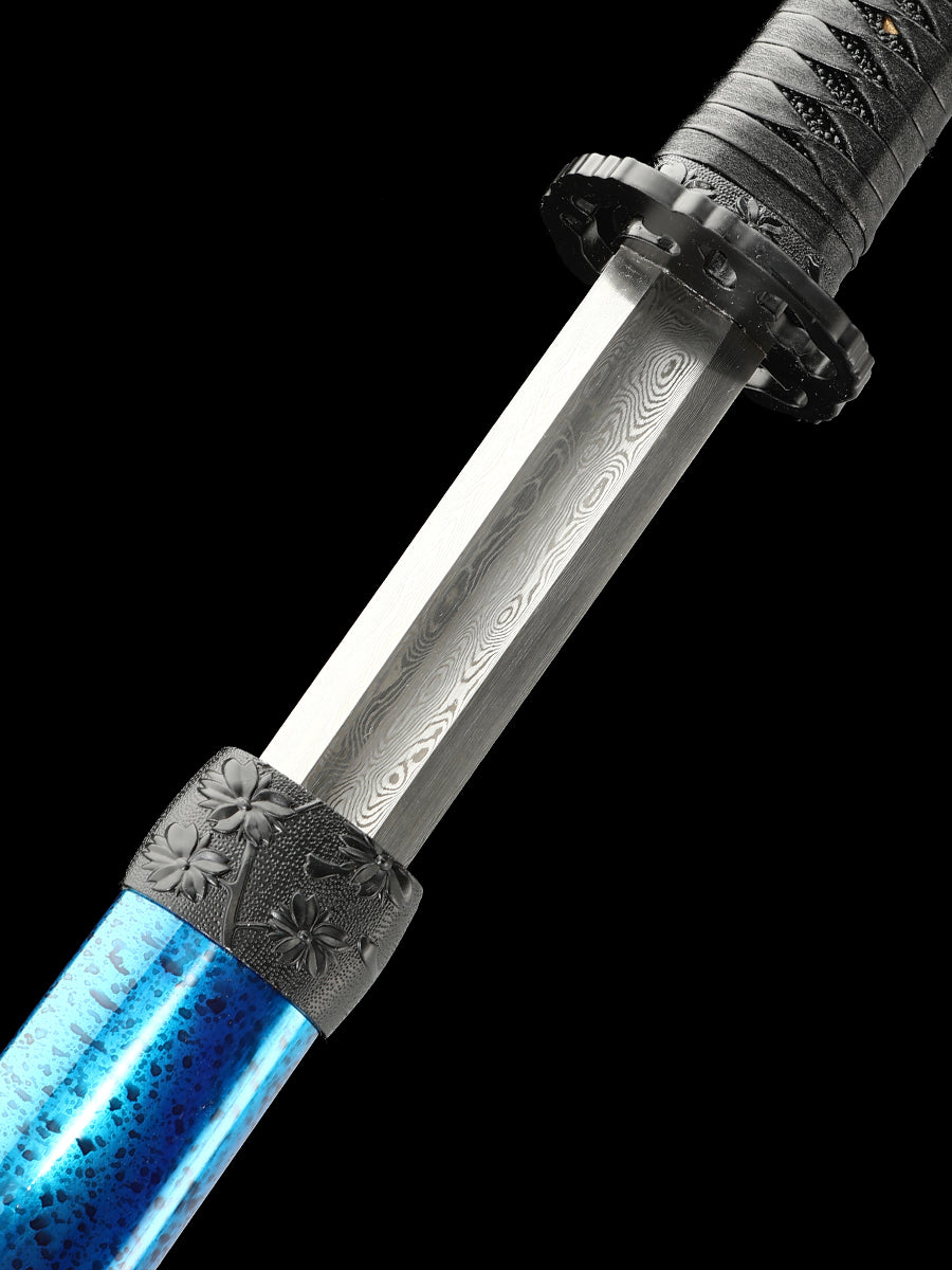 Hand forged straight knife Damascus steel manufacturing blue sheath