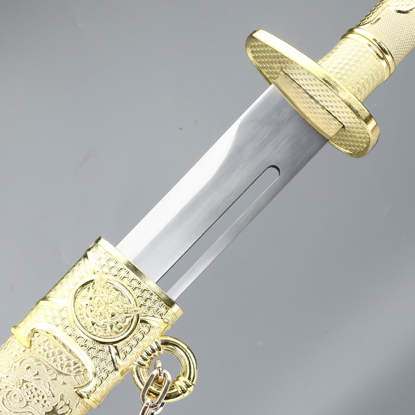Chinese Tang knife made of 1095 steel, golden fitting with dragon pattern sheath