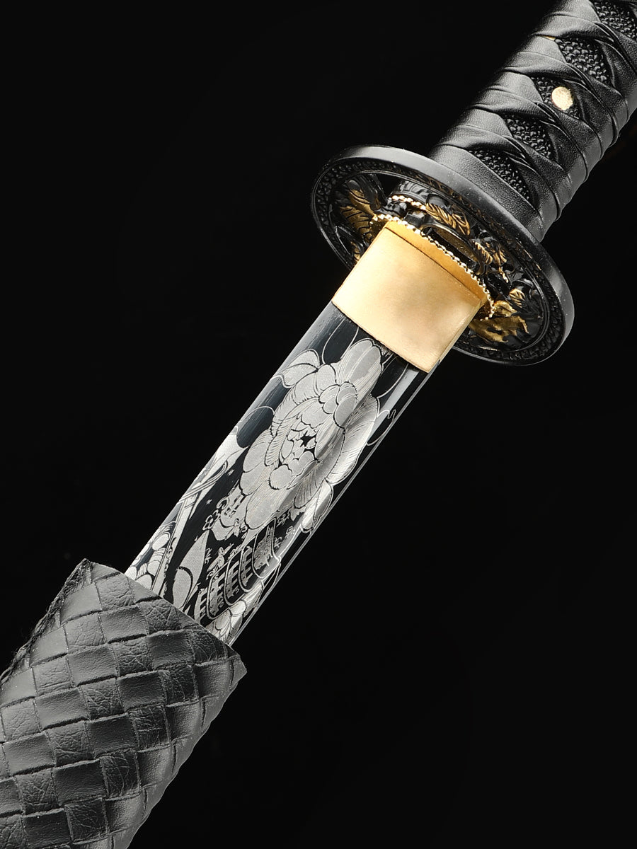 (33)Authentic Japanese Samurai Sword 1060 steel grill black with leather sheath perfect combination