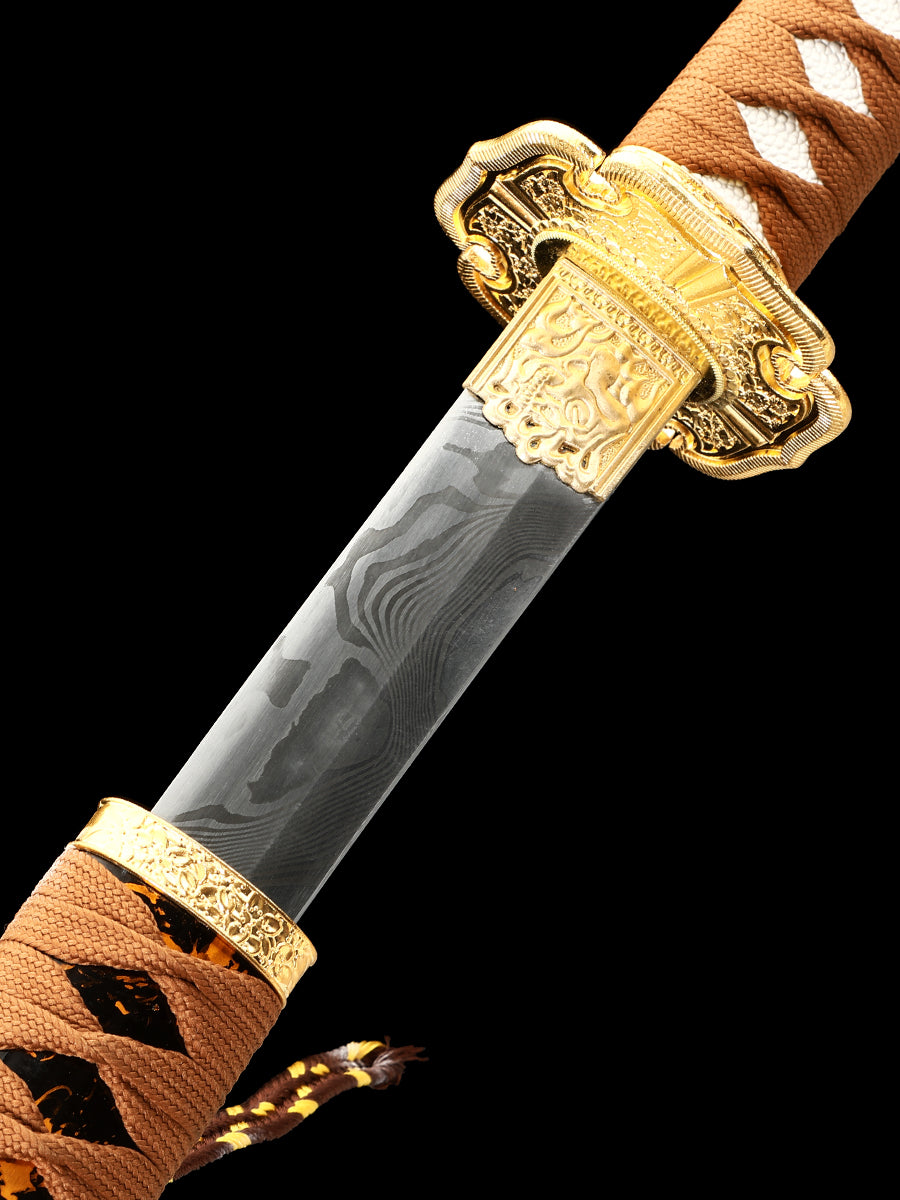 Japanese handmade Damascus steel samurai sword with yellow scabbard decoration collection