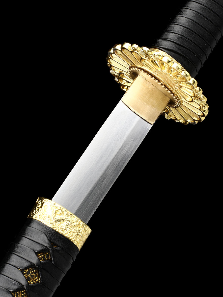 (43)Japanese Tachi Odachi Sword High Manganese Steel With Golden Tsuba And Black Scabbard