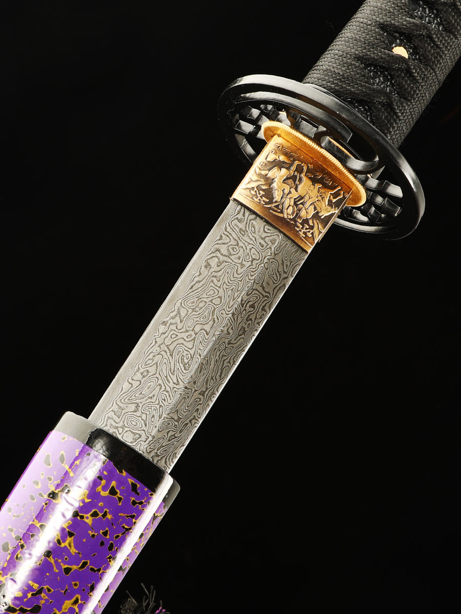 Handmade Japanese samurai sword with Damascus steel folding pattern, exquisite large lacquer sheath in blue(15