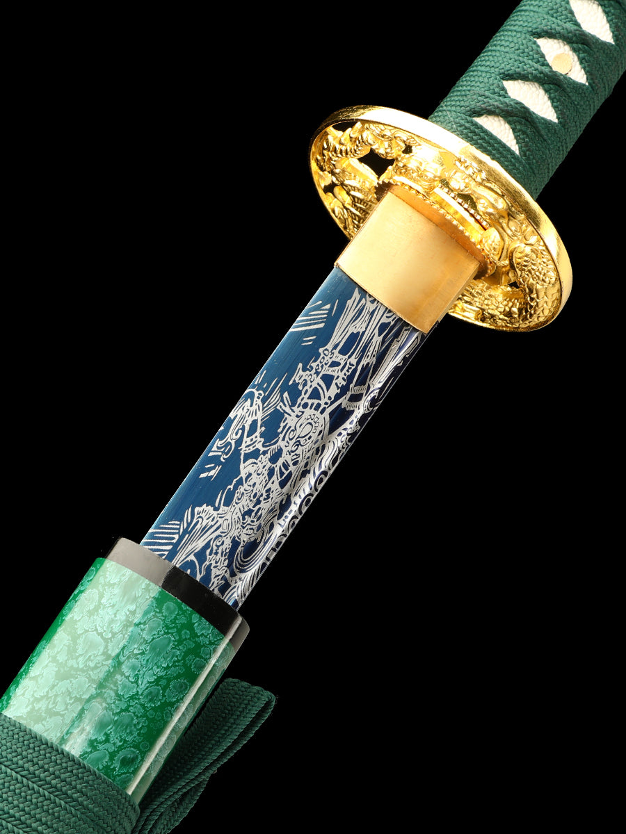 Handmade authentic Japanese Samurai Sword 1060 steel baked blue with green Saya(40)